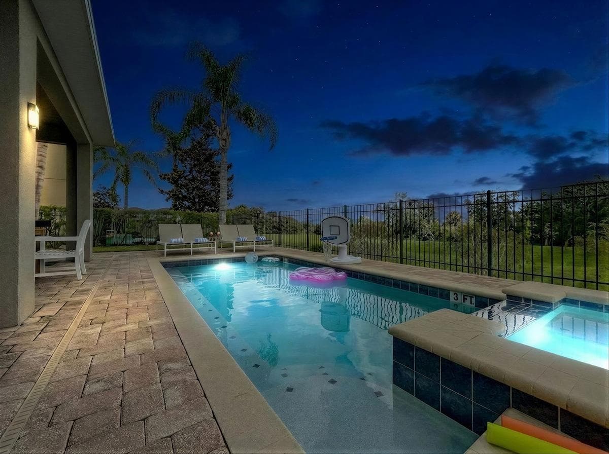 Your private heated pool & spa with no rear neighbors — sunshine, privacy, and space to truly unwind after a day at the parks. 